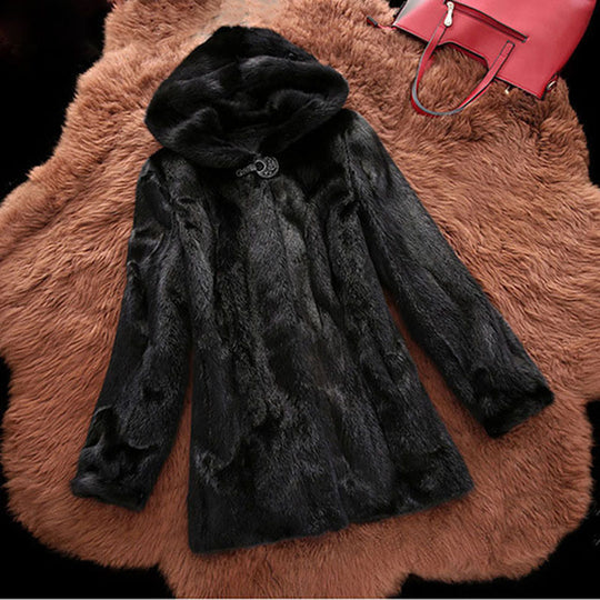 Damen Kunstfell Mantel mit eleganter Kapuze und klassischem Schnitt EB