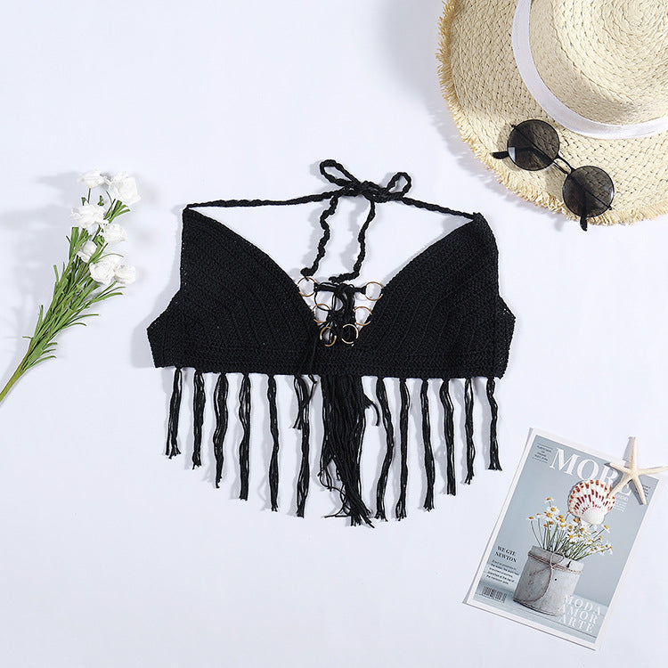 Damen Häkel-Bikini-Oberteil mit Fransen und dekorativen Ringen EB