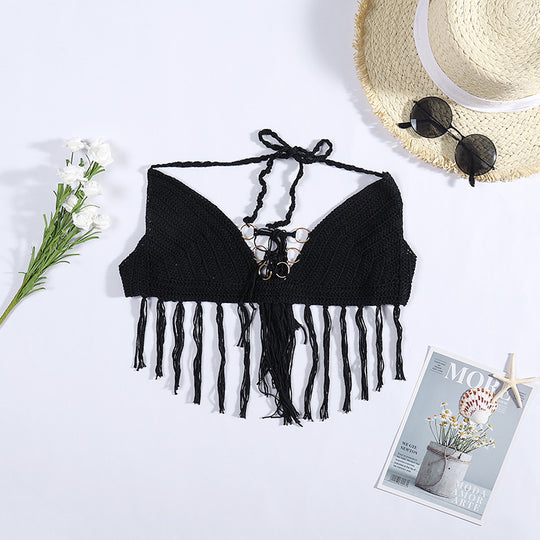 Damen Häkel-Bikini-Oberteil mit Fransen und dekorativen Ringen EB