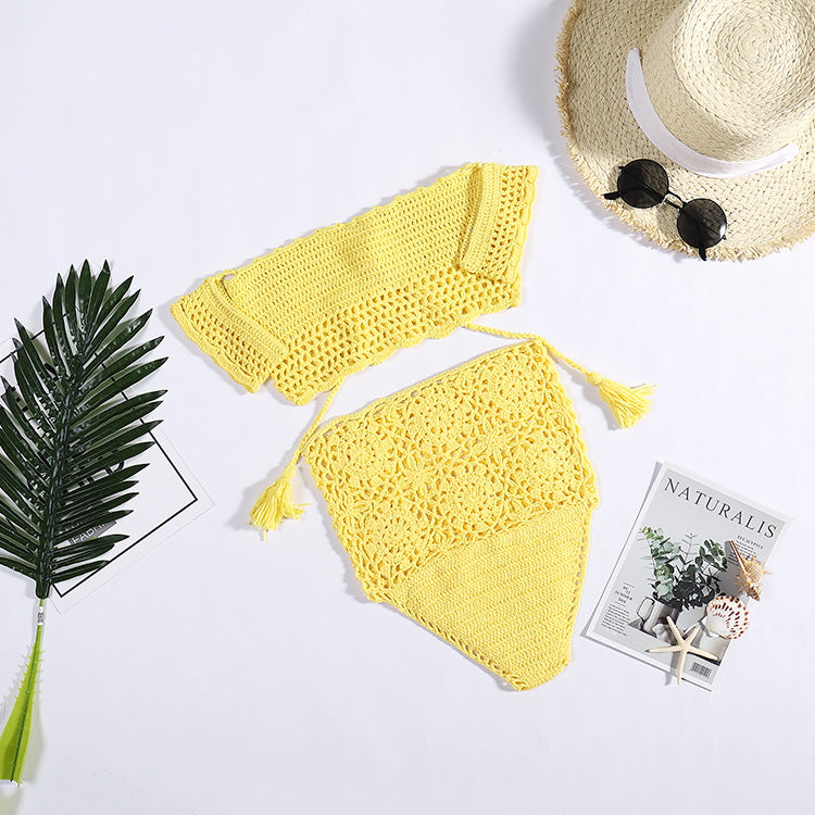 Damen Häkel-Bikini-Set mit dekorativen Fransen und trendigem Oberteil EB