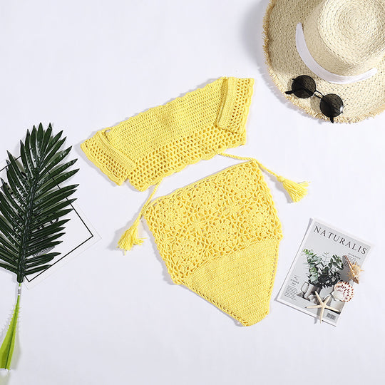 Damen Häkel-Bikini-Set mit dekorativen Fransen und trendigem Oberteil EB