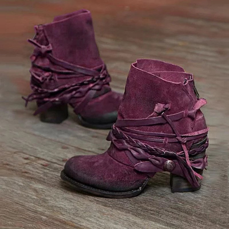 Damen nan Retro Wildlederstiefelette mit geflochtenen Lederbändern und kurzem Blockabsatz EB