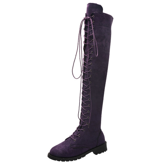 Damen Overkneestiefel aus weichem Wildleder mit dekorativem Schnür-Design EB