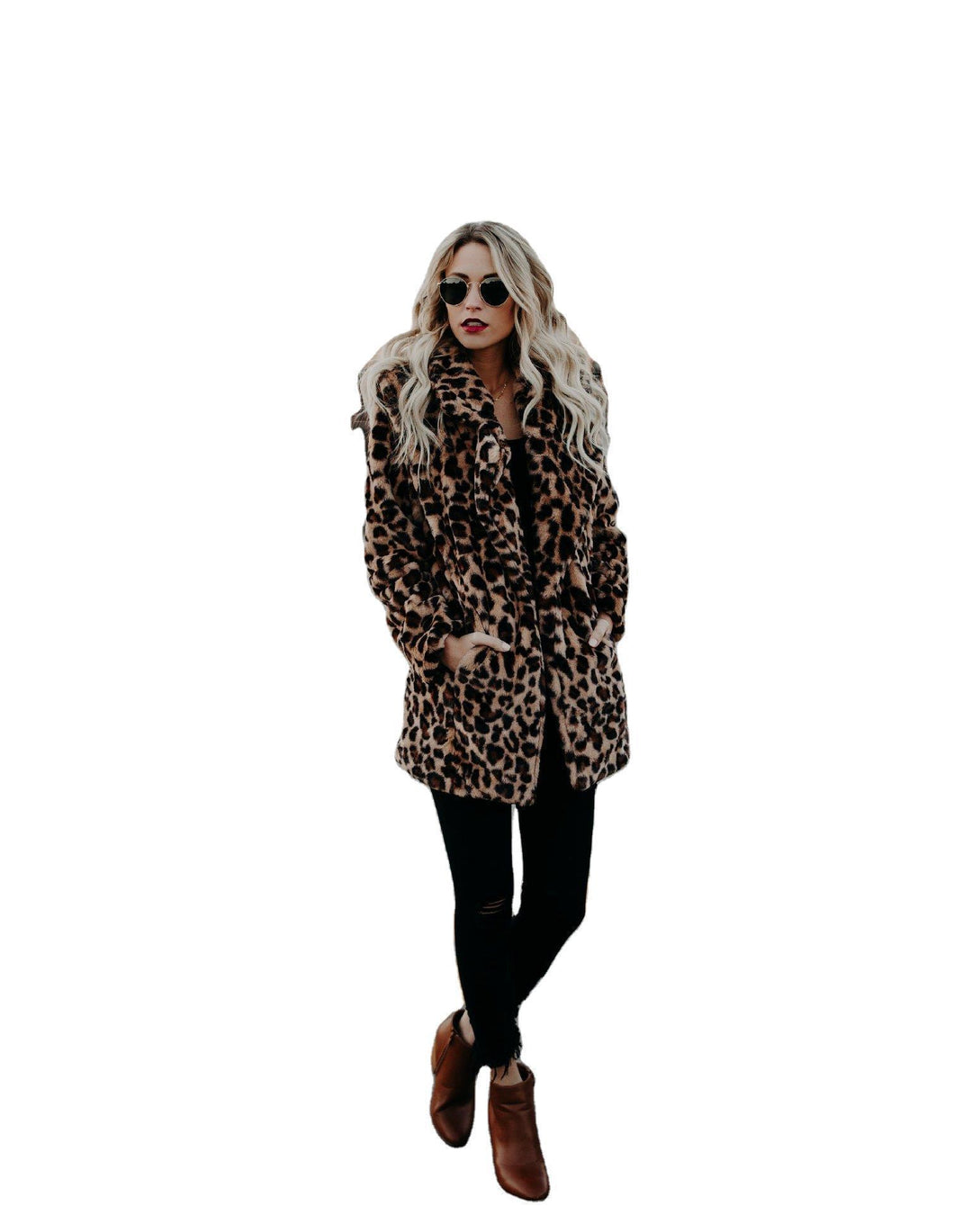 Damen Modischer Kunstfellmantel mit Leopardenmuster und elegantem Schnitt EB