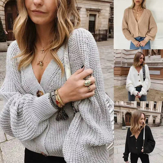 Damen Strickjacke mit tiefem V-Ausschnitt und Knöpfen EB