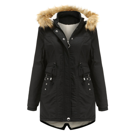 Damen moderne Parka mit abnehmbarem Kunstfellkragen und seitlichen Taschen EB