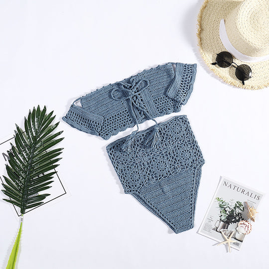 Damen Häkel-Bikini-Set mit dekorativen Fransen und trendigem Oberteil EB