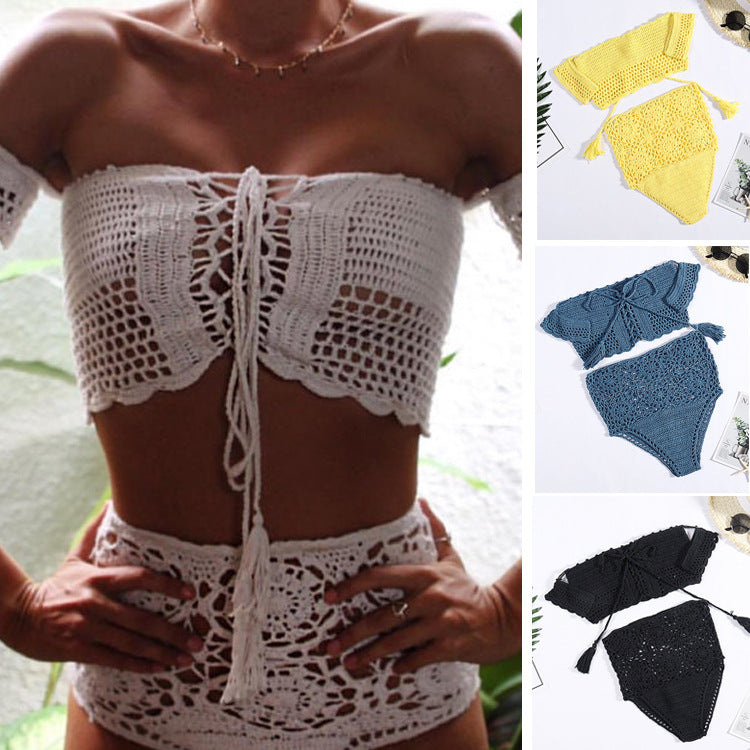 Damen Häkel-Bikini-Set mit dekorativen Fransen und trendigem Oberteil EB