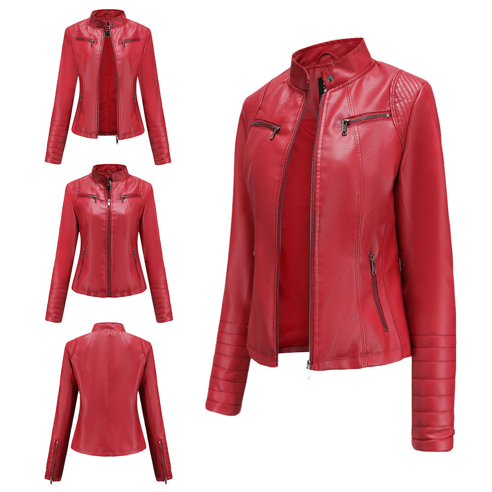 Damen nan taillierte Bikerjacke aus Kunstleder mit Stehkragen und gesteppter Ärmelpartie EB