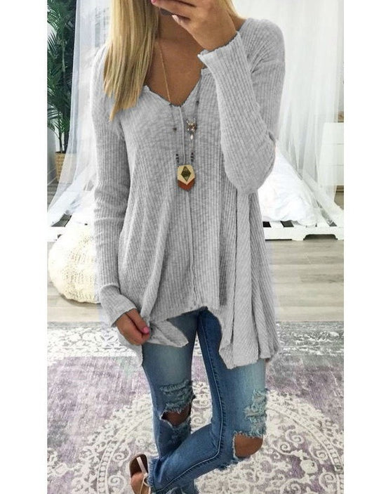 Damen nan lockerfallende Rippstrick Tunika mit V-Ausschnitt und asymmetrischem Saum EB