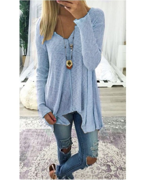 Damen nan lockerfallende Rippstrick Tunika mit V-Ausschnitt und asymmetrischem Saum EB