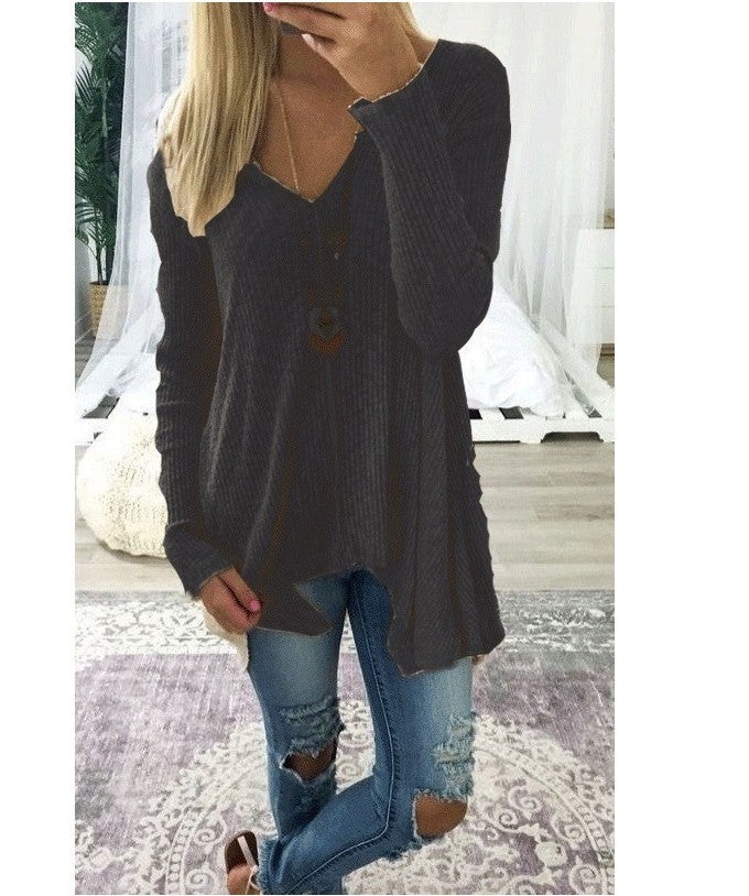 Damen nan lockerfallende Rippstrick Tunika mit V-Ausschnitt und asymmetrischem Saum EB
