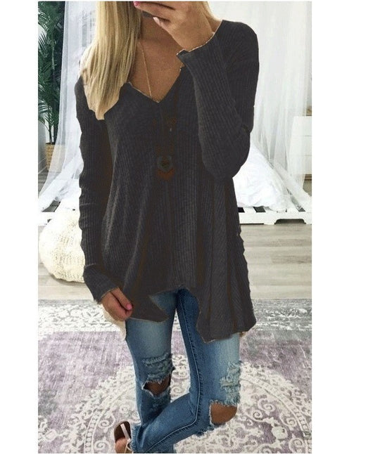 Damen nan lockerfallende Rippstrick Tunika mit V-Ausschnitt und asymmetrischem Saum EB