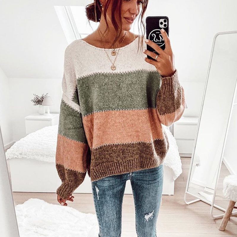 Damen modischer Pullover mit auffälligem Streifenmuster und lässigem Schnitt EB