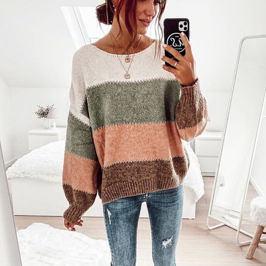 Damen modischer Pullover mit auffälligem Streifenmuster und lässigem Schnitt EB