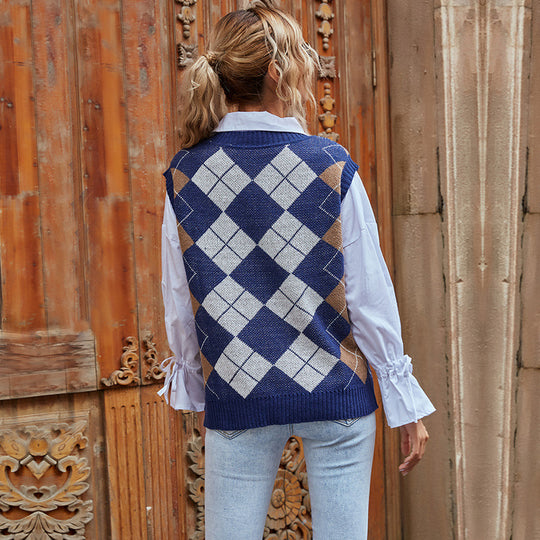 Damen Strickweste mit Rautenmuster und V-Ausschnitt EB