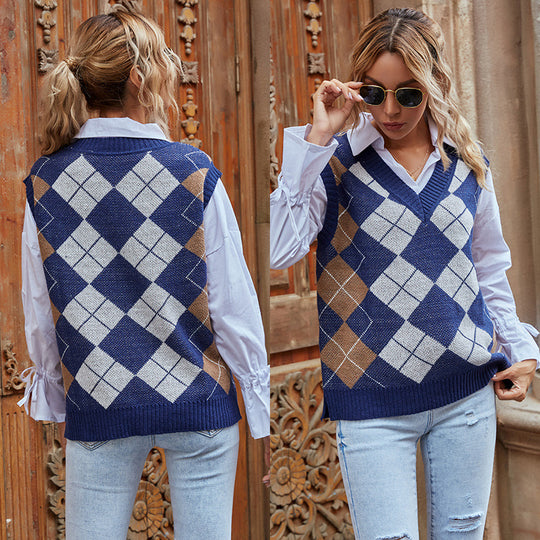 Damen Strickweste mit Rautenmuster und V-Ausschnitt EB