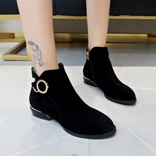 Damen nan knöchelstiefel aus Veloursimitat mit seitlichem Reißverschluss goldener Absatzkante und Perlenring EB