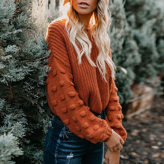 Damen Strickpullover mit strukturiertem Design und lässigen Puffärmeln EB