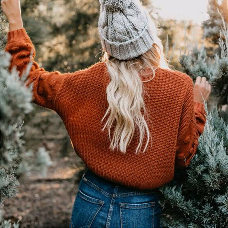 Damen Strickpullover mit strukturiertem Design und lässigen Puffärmeln EB