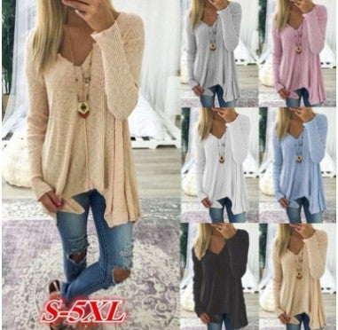 Damen nan lockerfallende Rippstrick Tunika mit V-Ausschnitt und asymmetrischem Saum EB