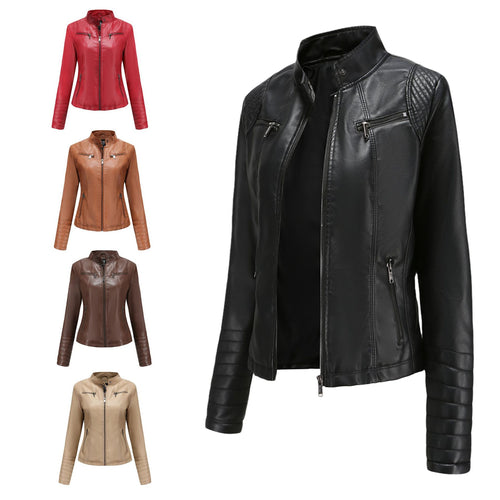 Damen nan taillierte Bikerjacke aus Kunstleder mit Stehkragen und gesteppter Ärmelpartie EB