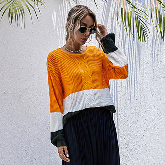 Damen modischer Strickpullover mit Colorblock-Design und weitem Schnitt EB