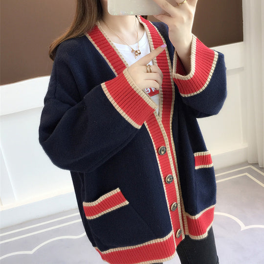 Damen Lässiger Strickcardigan mit attraktiven Kontrastsäumen und praktischen Taschen EB