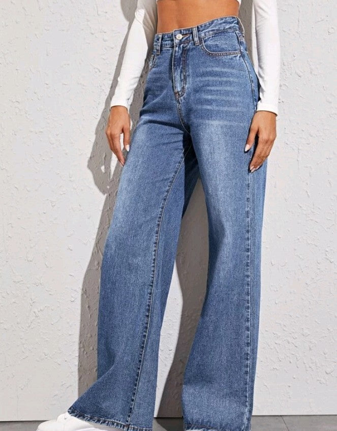 Damen nan hochgeschnittene weite Denim-Jeans mit extra weitem Bein und rohem Saum EB