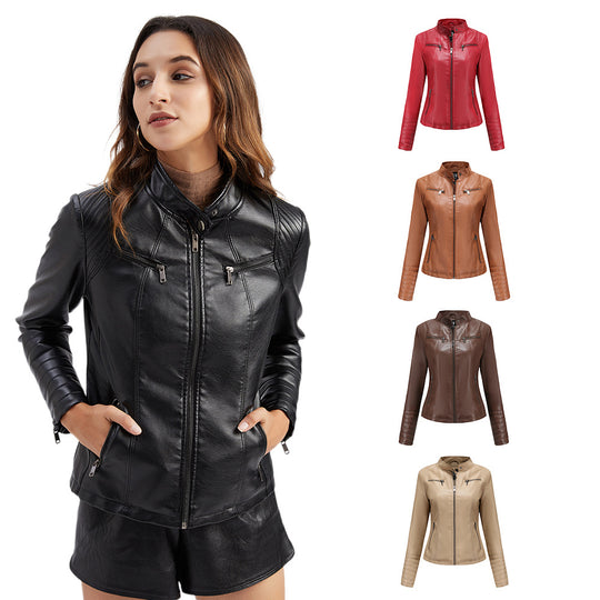 Damen nan taillierte Bikerjacke aus Kunstleder mit Stehkragen und gesteppter Ärmelpartie EB