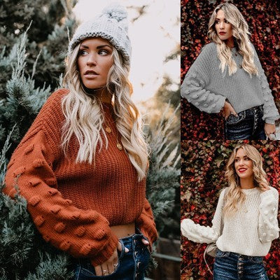 Damen Strickpullover mit strukturiertem Design und lässigen Puffärmeln EB