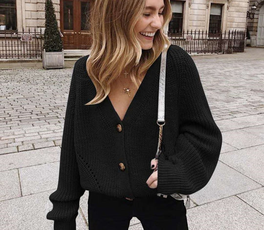 Damen Strickjacke mit tiefem V-Ausschnitt und Knöpfen EB