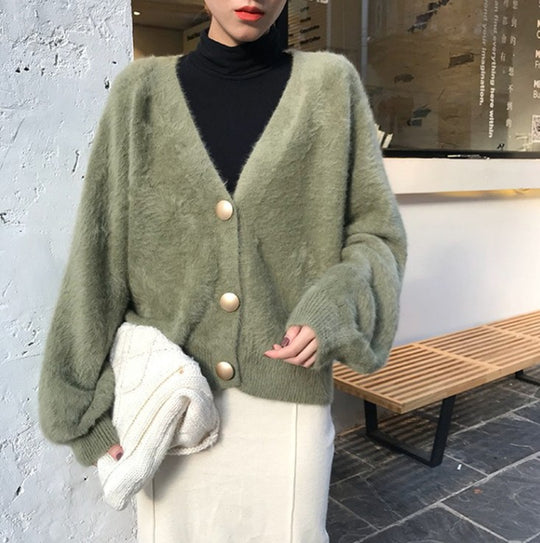 Damen Flauschige Strickjacke mit großen Knöpfen und voluminösen Ärmeln EB