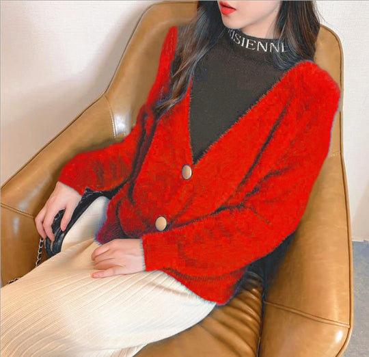 Damen Flauschige Strickjacke mit großen Knöpfen und voluminösen Ärmeln EB