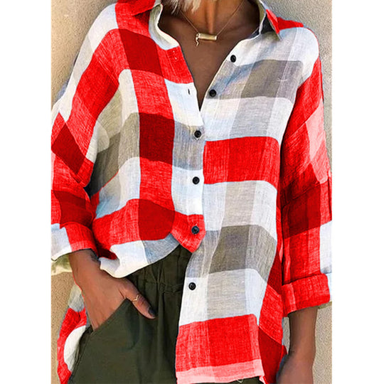 Damen nan oversized Leinenbluse mit großem Karo-Muster und legerem Hemdkragen EB