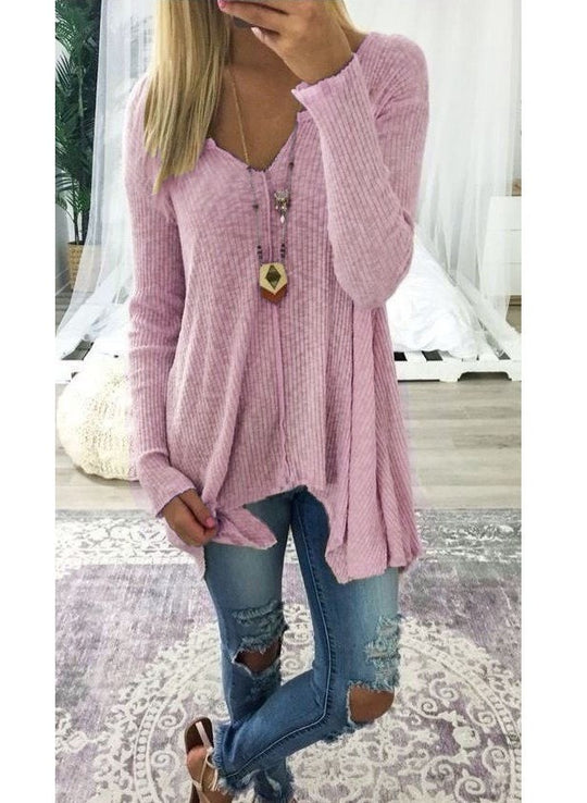 Damen nan lockerfallende Rippstrick Tunika mit V-Ausschnitt und asymmetrischem Saum EB