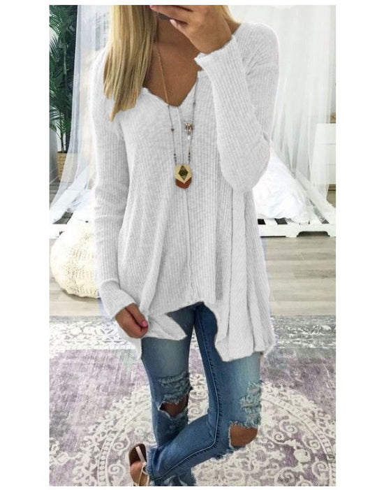 Damen nan lockerfallende Rippstrick Tunika mit V-Ausschnitt und asymmetrischem Saum EB