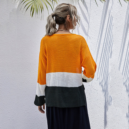 Damen modischer Strickpullover mit Colorblock-Design und weitem Schnitt EB