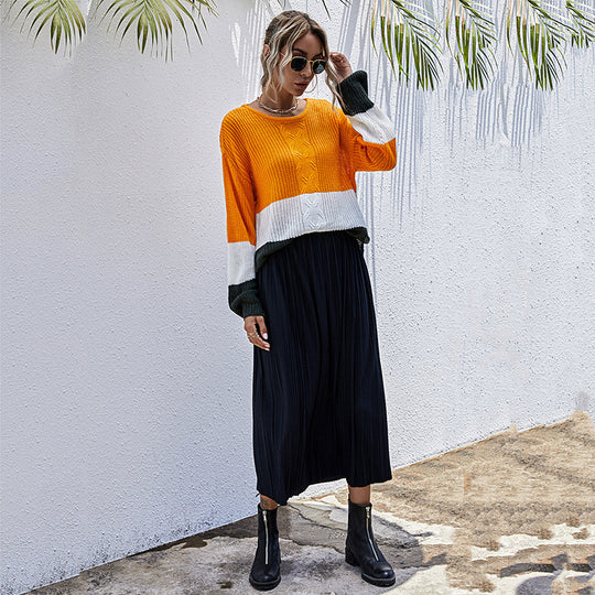 Damen modischer Strickpullover mit Colorblock-Design und weitem Schnitt EB
