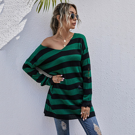 Damen Oversized Strickpullover mit asymmetrischem Schnitt und Streifenmuster EB