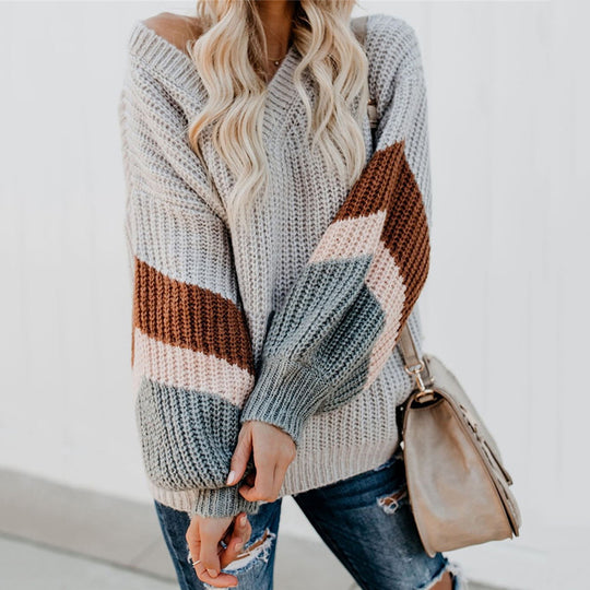 Damen lässiger Strickpullover mit trendigem Farbblockdesign und hohem Kragen EB