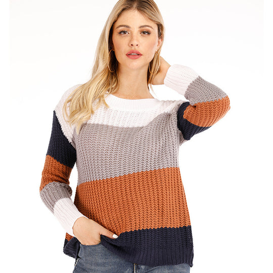 Damen Strickpullover mit modischem Streifenmuster und weichem V-Ausschnitt EB