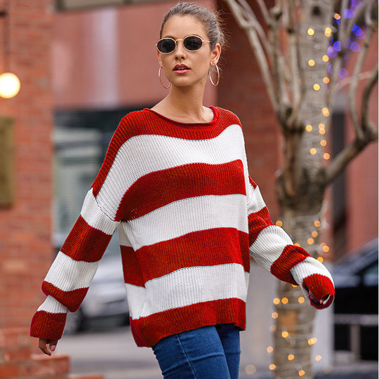 Damen lässiger Oversized Pullover mit breiten Streifen EB