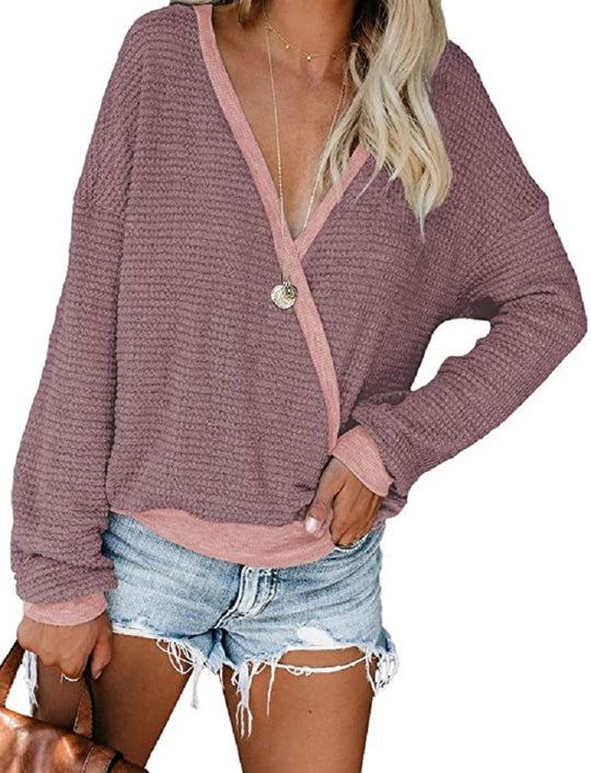 Damen lässiger V-Ausschnitt Pullover mit strukturierter Oberfläche EB