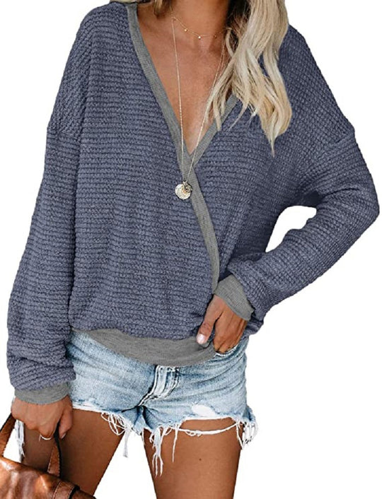Damen lässiger Pullover mit tiefem V-Ausschnitt und lockerer Passform EB