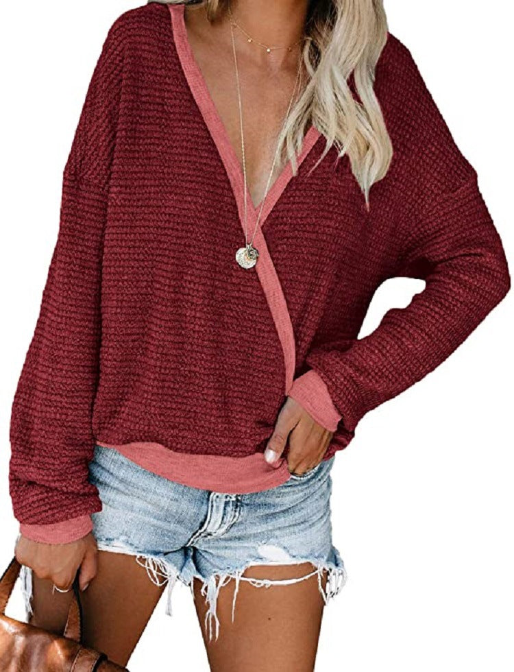 Damen lässiger V-Ausschnitt Pullover mit strukturierter Oberfläche EB