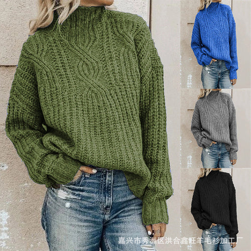 Damen Grobstrickpullover mit hochgeschlossenem Kragen und strukturiertem Zopfmuster EB