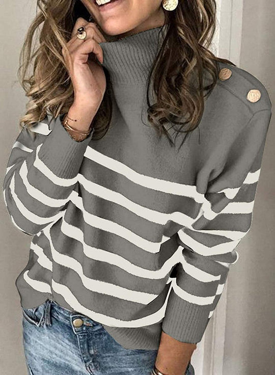 Damen modischer Strickpullover mit hochschließendem Kragen und Knopfdetails EB