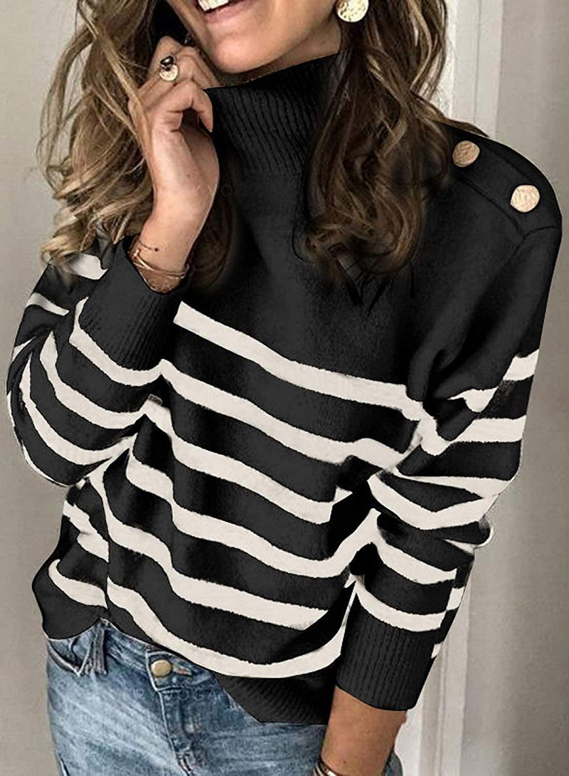 Damen modischer Strickpullover mit hochschließendem Kragen und Knopfdetails EB