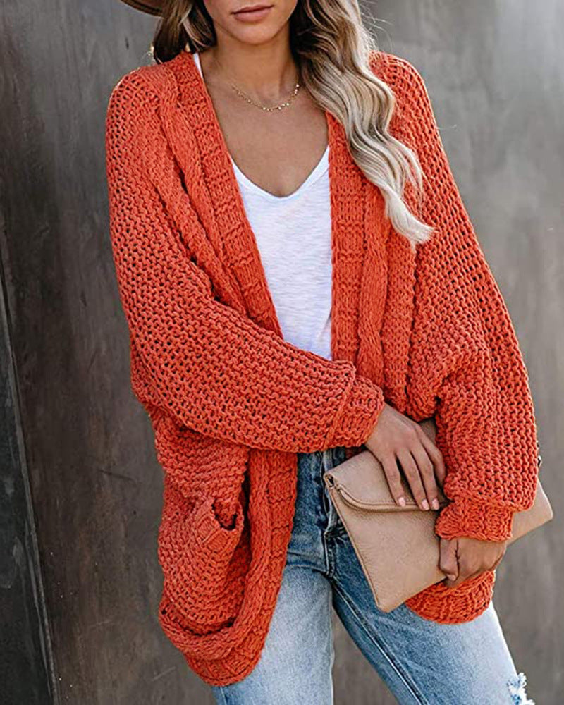 Damen Grobstrick-Cardigan mit offenen Ärmeln und großzügigen Taschen EB